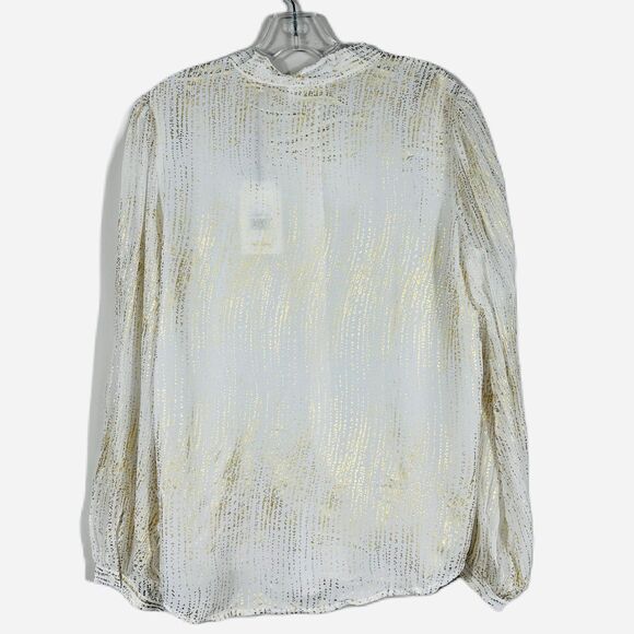 NWT 7 For All Mankind Silk Blend Tie Neck Blouse White Gold Button Down Sz Large - Picture 3 of 13